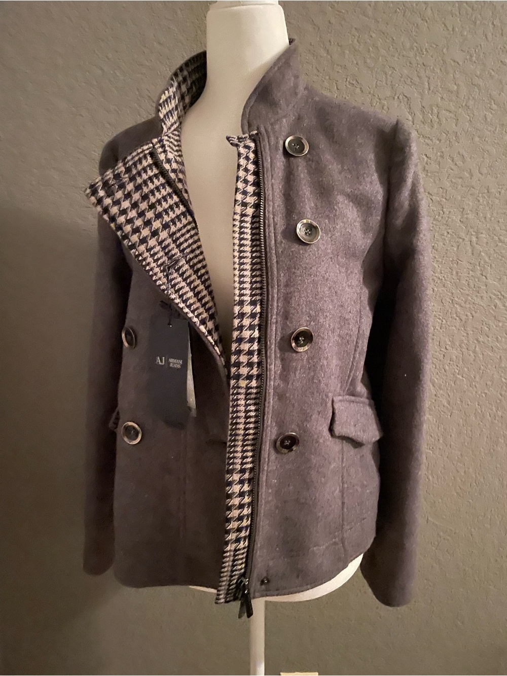 Armani Jeans Women’s Grey with Black & Cream Houndstooth inside Jacket Sz 40 NWT